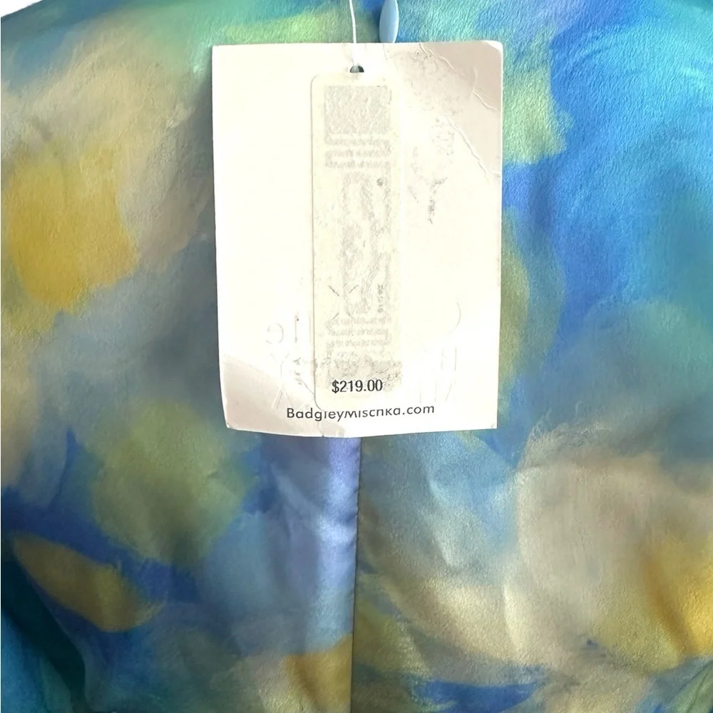 NWT Badgley Mischka Blue & Yellow Watercolor Long Sleeve Satiny Wrap Dress - Picture 3 of 10
